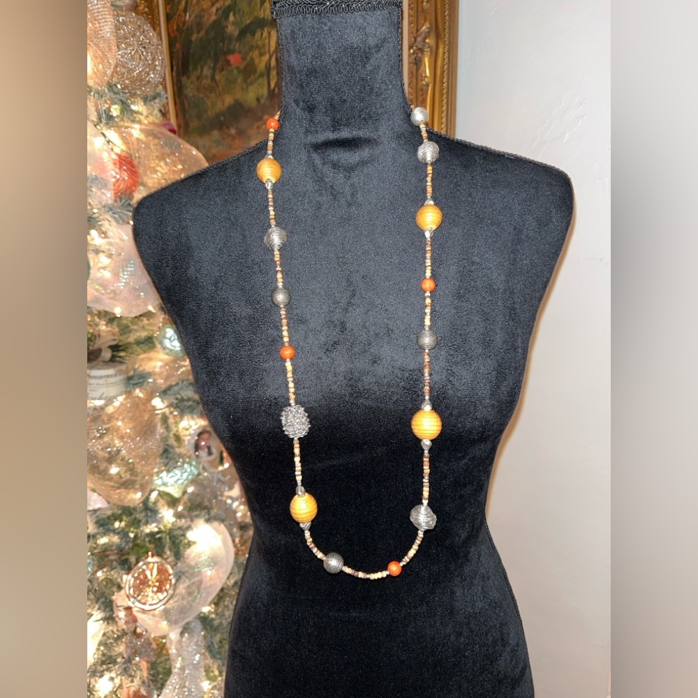 Premier Designs Long 44” Boho Necklace – Silver Textured & Wood Beads, Earth